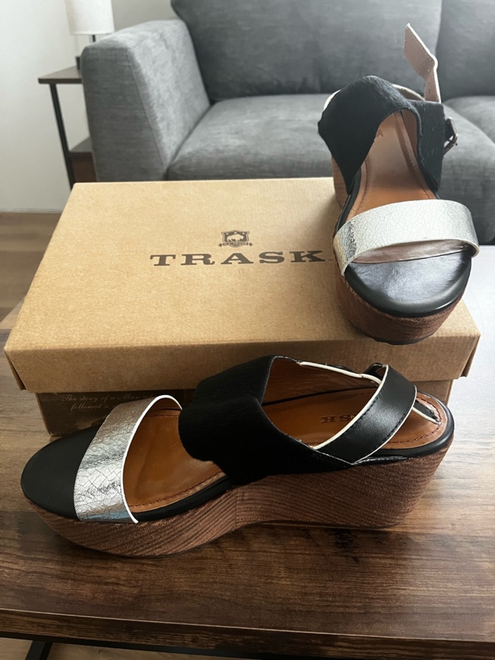Trask Black & Silver Leather Wedge Sandals